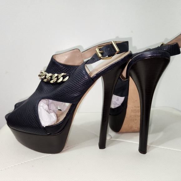 FENDI BLACK REPTILE EMBOSSED LEATHER CHAIN ACCENT STILETTO SANDALS 40.5 - Picture 7 of 12